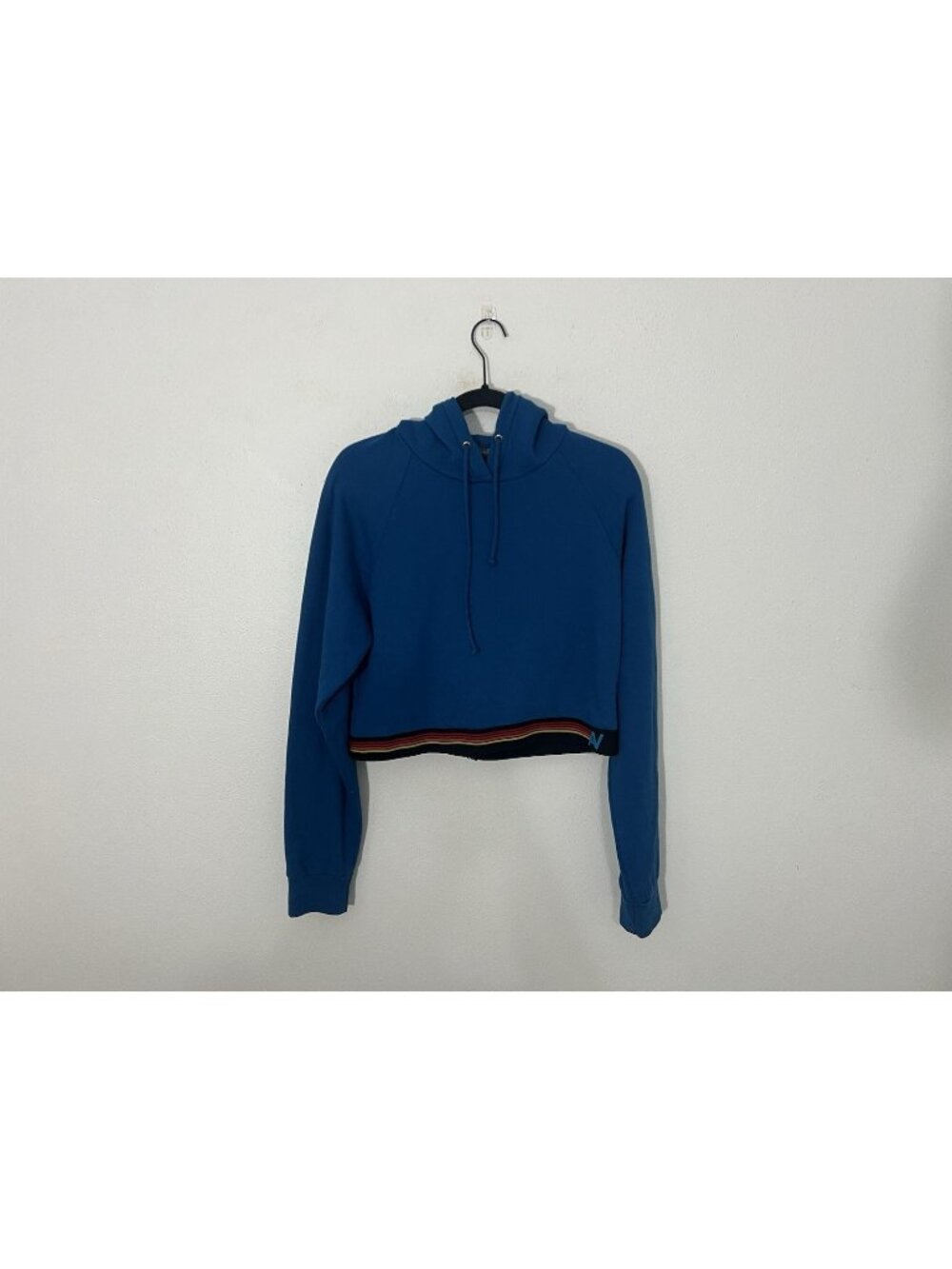 Aviator Nation Blue Long Sleeve Logo Stripe Crop Pullover Hoodie Size Medium
